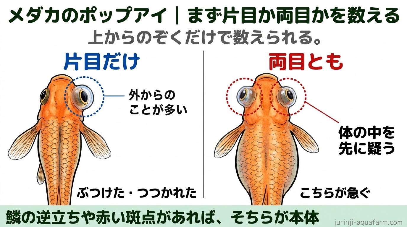 メダカのポップアイを真上から見て、片目か両目かを数える精密図解。片目だけ飛び出しているなら、ぶつけた・つつかれたなど外からのことが多い。両目とも飛び出しているなら体の中を先に疑い、こちらが急ぐ。鱗の逆立ちや赤い斑点があれば、そちらが本体
