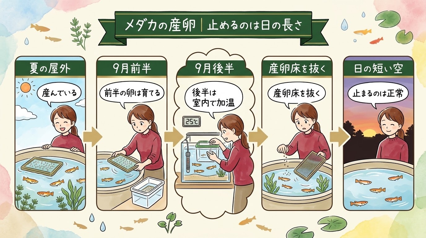 メダカの産卵が止まるのは日の長さのためで正常であること(夏の産卵から9月の加温、産卵床を抜くまで)を場面で整理したグラレコ(グラフィックレコーディング)