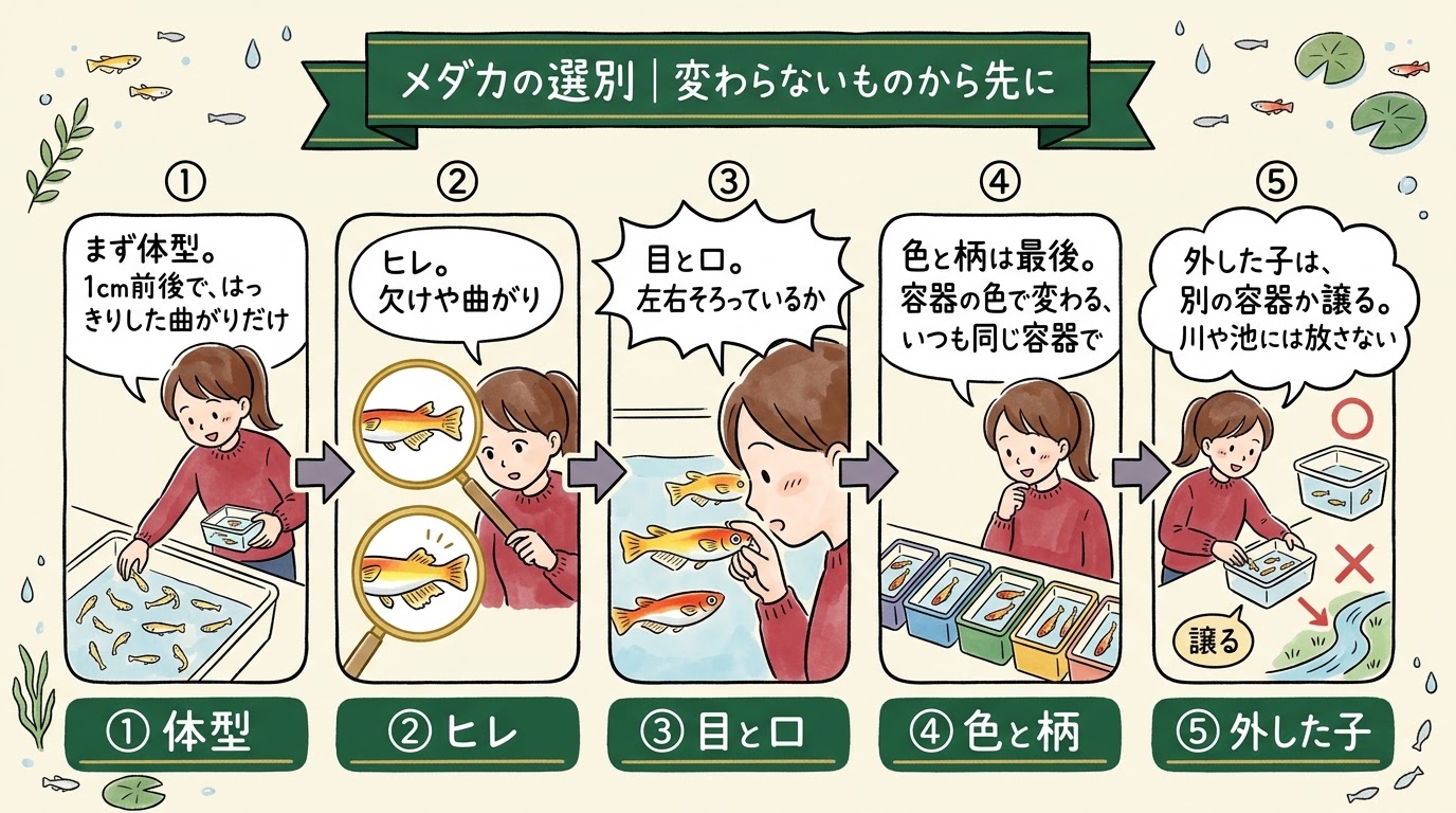 メダカの選別は変わらないもの（体型）から先に見る順番を場面で整理したグラレコ（グラフィックレコーディング）