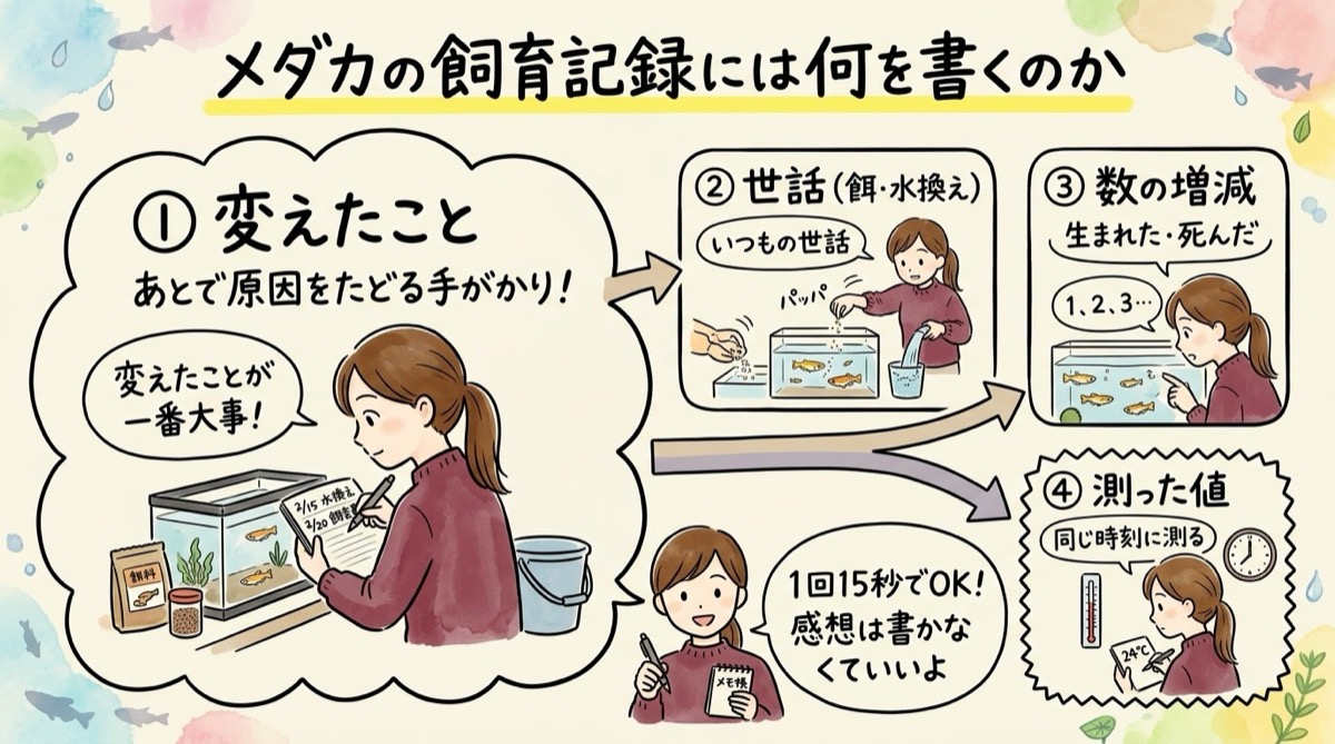 メダカの飼育記録で、いちばん大事なのは変えたことで、世話・数の増減・測った値は1回15秒のメモで足りること を場面で整理したグラレコ（グラフィックレコーディング）