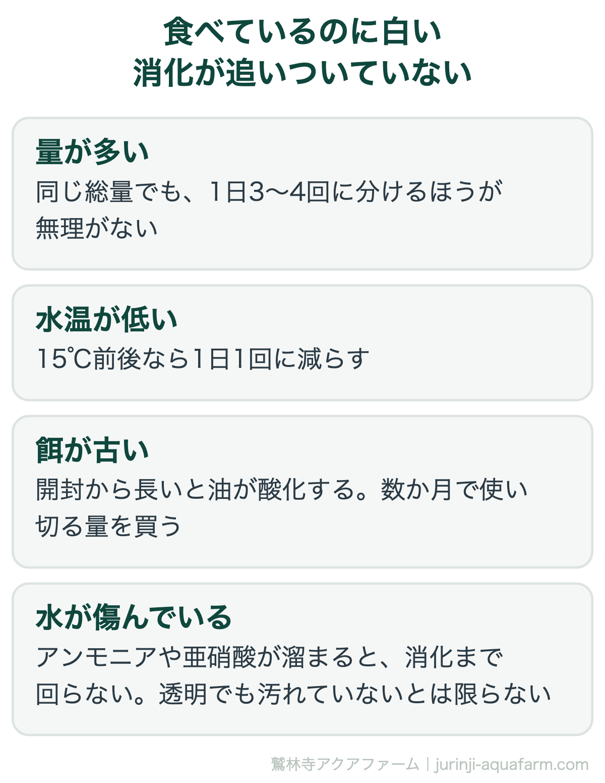 メダカが食べているのにフンが白いのは消化が追いついていないから。原因は量が多い、水温が低い(15℃前後なら1日1回)、開封から長い餌の油の酸化、アンモニアや亜硝酸が溜まった水の4つ