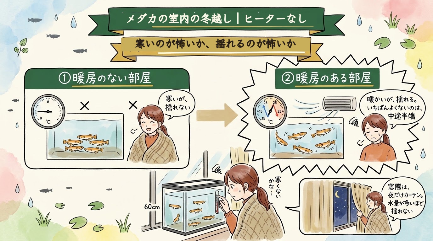 メダカの室内の冬越しでヒーターなしにするときの、寒さと温度の揺れを場面で整理したグラレコ（グラフィックレコーディング）