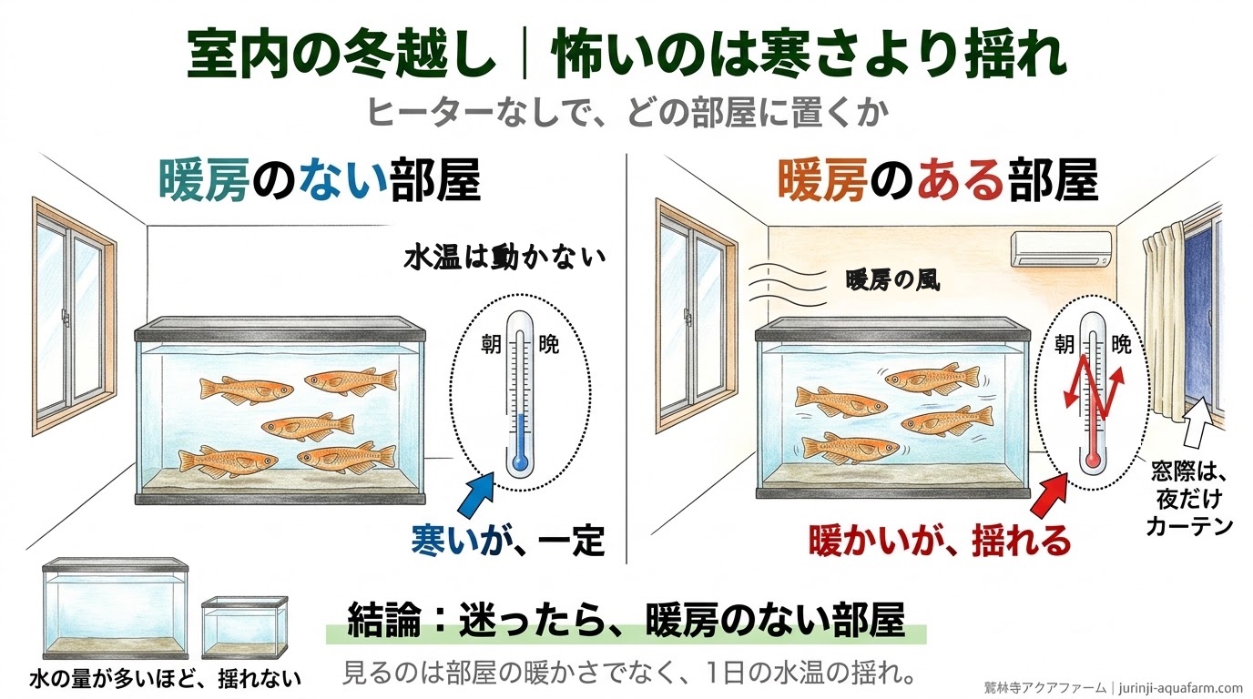 暖房のある部屋と暖房のない部屋で、メダカの水温の動き方がどう違うかを比べた精密図解
