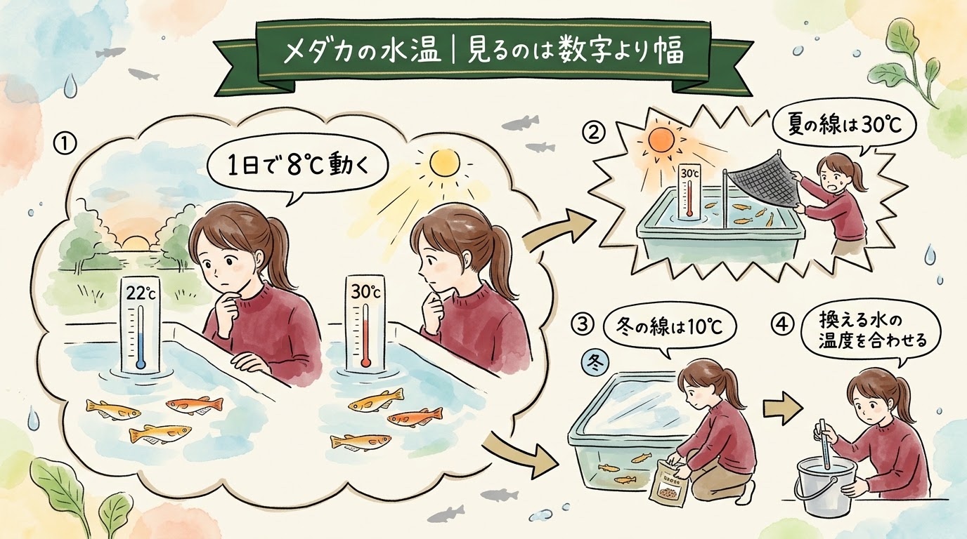 メダカの水温は数字より1日の変化幅を見ること(夏は30℃・冬は10℃が線、水換えは温度を合わせる)を場面で整理したグラレコ(グラフィックレコーディング)