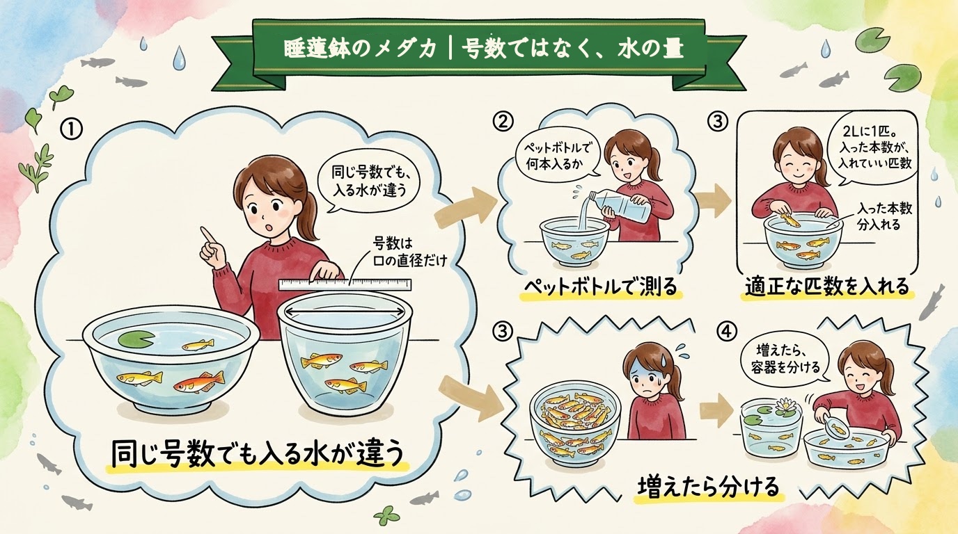 睡蓮鉢のメダカの匹数は号数ではなく水の量で決まることを場面で整理したグラレコ(グラフィックレコーディング)