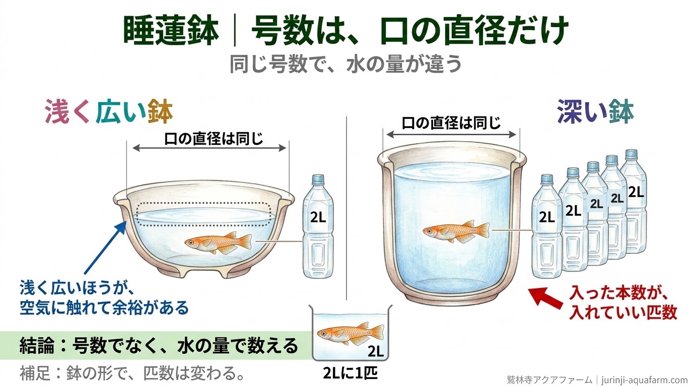 睡蓮鉢のメダカの匹数を、号数ではなく水の量(1匹あたり2リットル)で数える精密図解