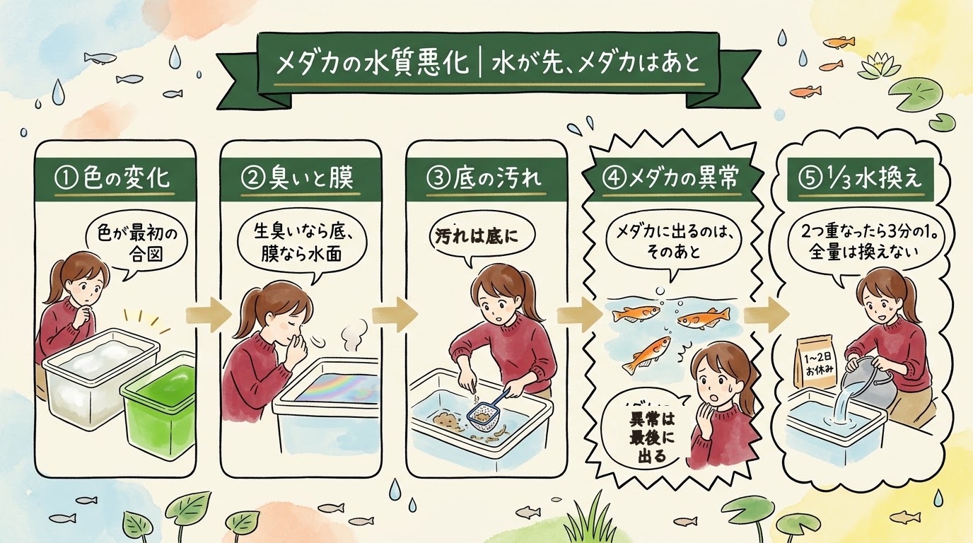 メダカの水質悪化は水の変化が先でメダカの様子はあとに出る、という流れを場面で整理したグラレコ(グラフィックレコーディング)