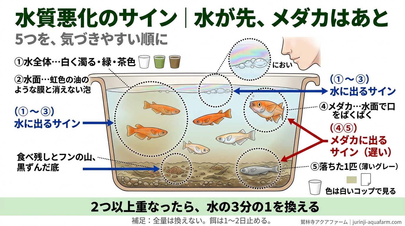 メダカの水質悪化のサイン5つ(色・におい・水面・底・メダカの動き)を並べた精密図解