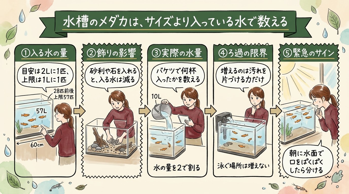 水槽のメダカの数はサイズより入っている水で数えることを場面で整理したグラレコ（グラフィックレコーディング）