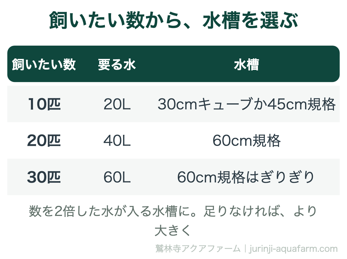 飼いたいメダカの数から水槽を選ぶ表。数を2倍した水の量が入る水槽にする。10匹なら20Lが要り30cmキューブか45cm規格、20匹なら40Lが要り60cm規格、30匹なら60Lが要り60cm規格ではぎりぎりなのでろ過を付けるかより大きい水槽