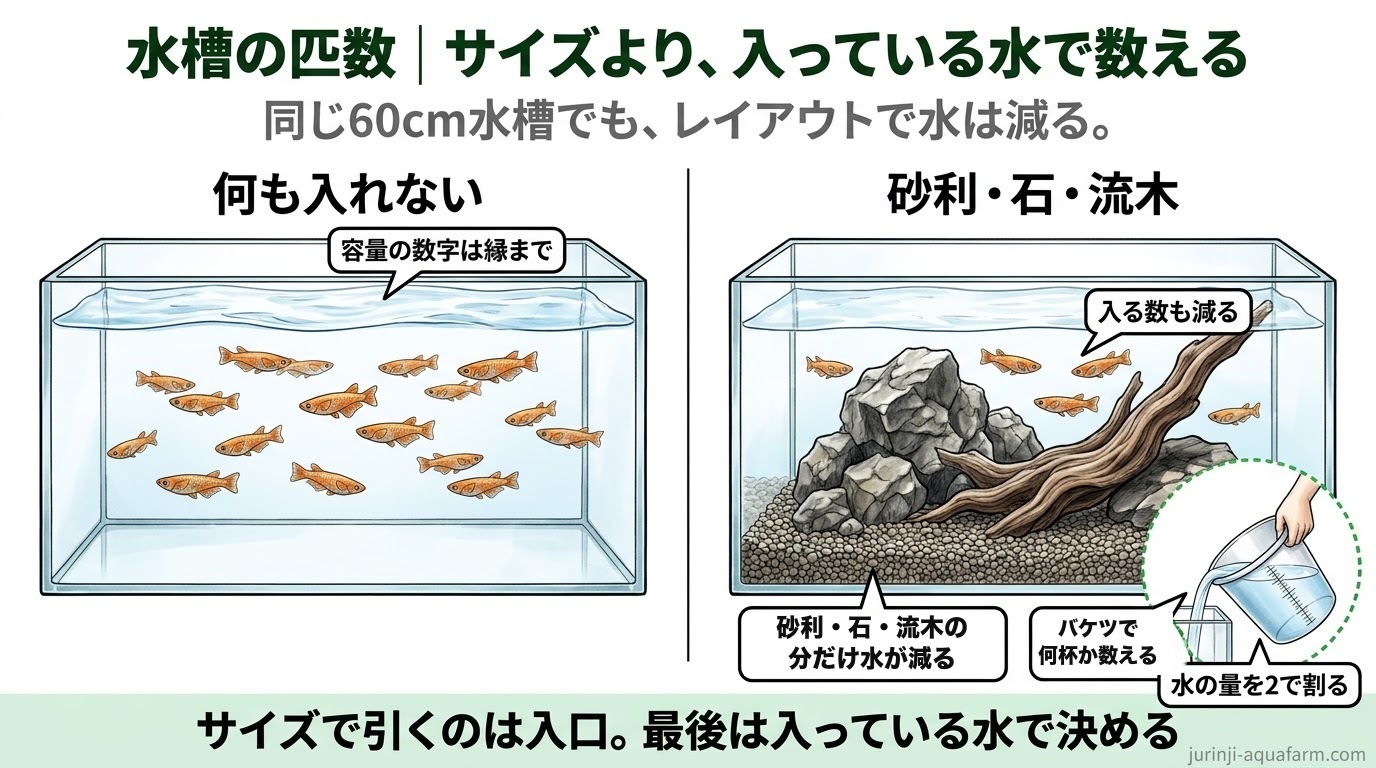 同じ60cm水槽でも砂利・石・流木を入れると水が減り入れられるメダカの数も減ることを比べた精密図。容量の数字は縁までの量なので、張った水をバケツで何杯か数え、水の量を2で割る