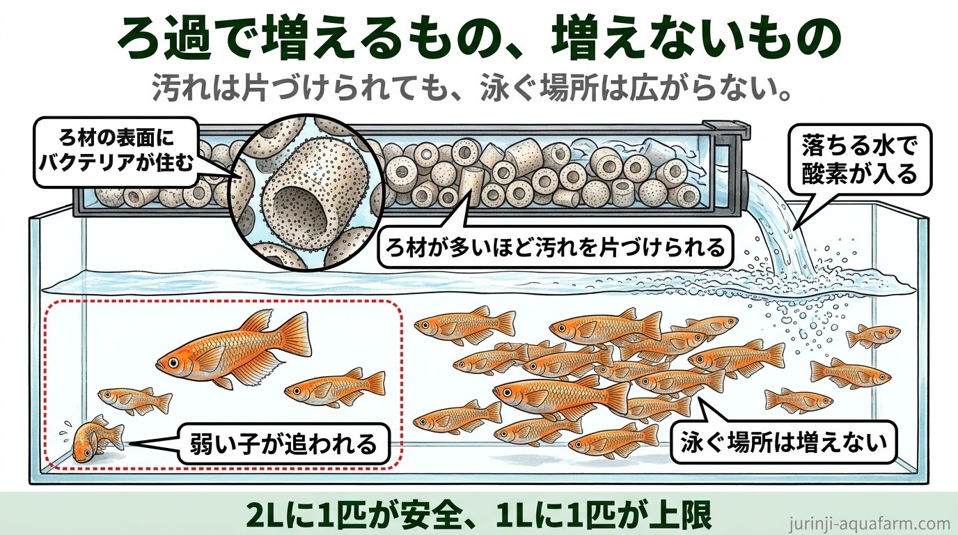 ろ過で増えるものと増えないものを描いた精密図。ろ材の表面にバクテリアが住み、ろ材が多いほど汚れを片づけられ、落ちる水で酸素が入る。それでも泳ぐ場所は増えず、詰め込むと弱い子が追われる。2Lに1匹が安全、1Lに1匹が上限
