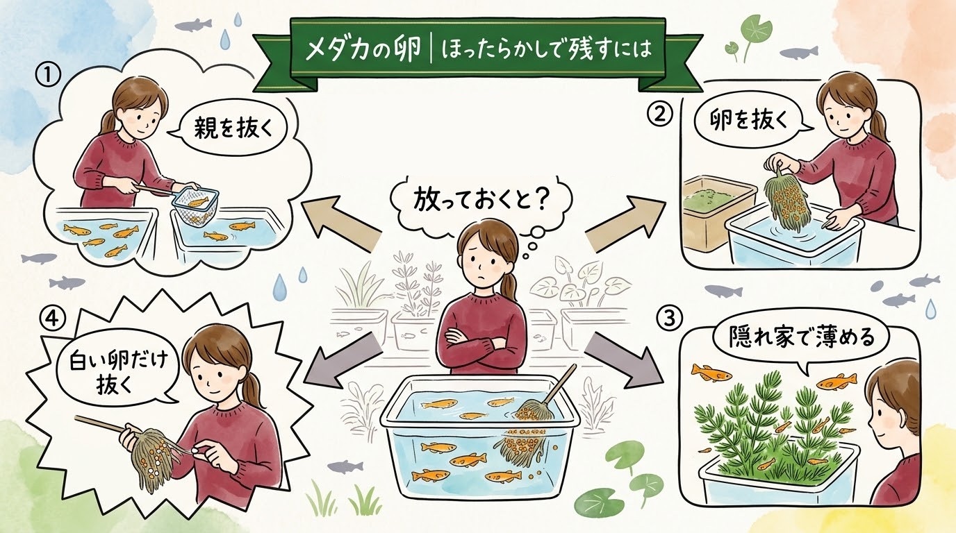 メダカの卵をほったらかしにするときの残し方(親を抜く・卵を抜く・隠れ家で薄める・白い卵だけ抜く)を場面で整理したグラレコ(グラフィックレコーディング)