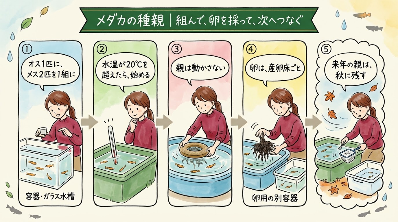 メダカの種親は、オス1匹にメス2匹を1組にし、水温が20℃を超えたら始め、親は動かさず卵を産卵床ごと別容器へ移し、来年の親は秋に残すことを場面で整理したグラレコ(グラフィックレコーディング)