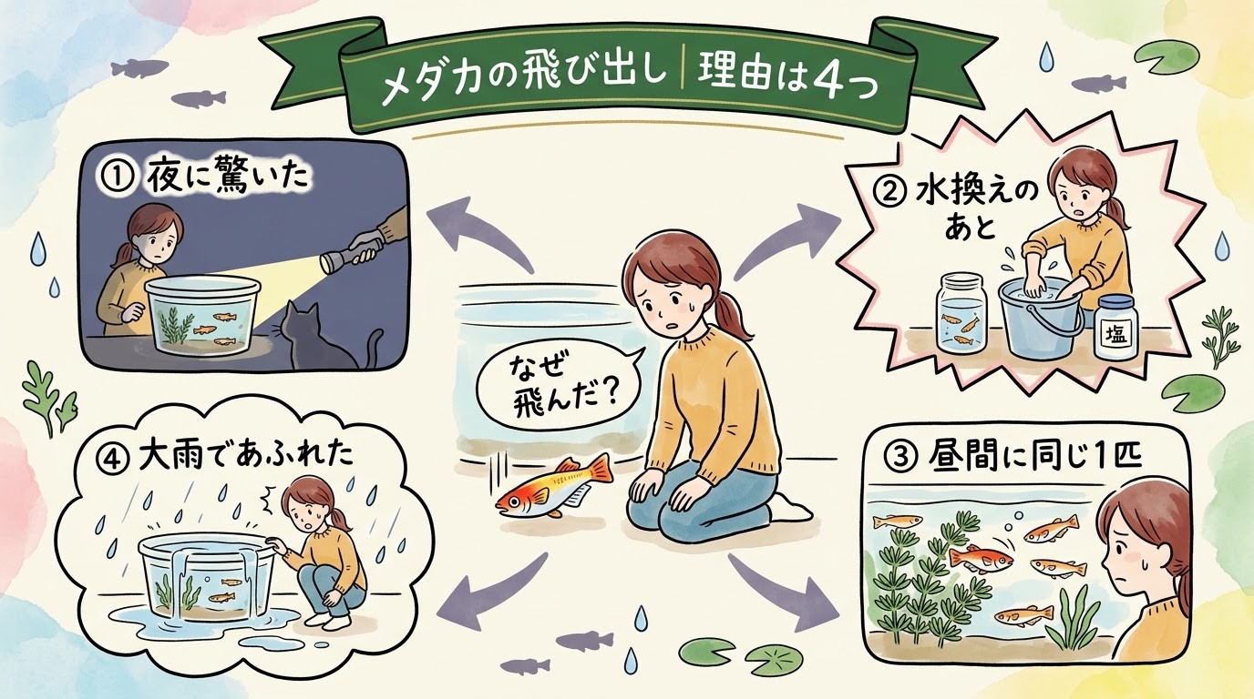 メダカの飛び出しの理由（夜の驚き・水換え・追われる・大雨）を場面で整理したグラレコ（グラフィックレコーディング）