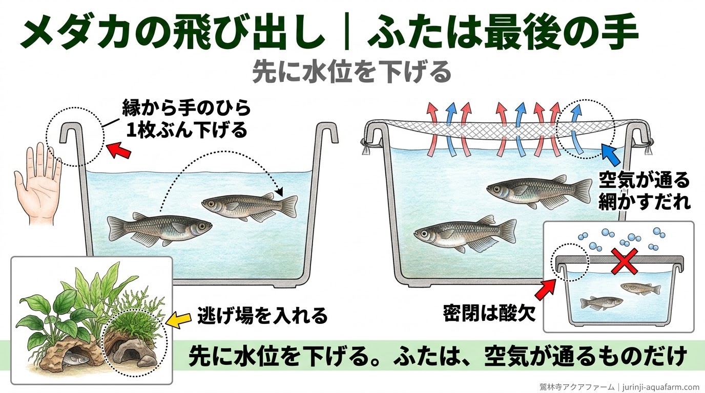 メダカの飛び出しを防ぐ、水位を下げる方法と空気が通る網の違い、密閉は酸欠になることを示した精密図解
