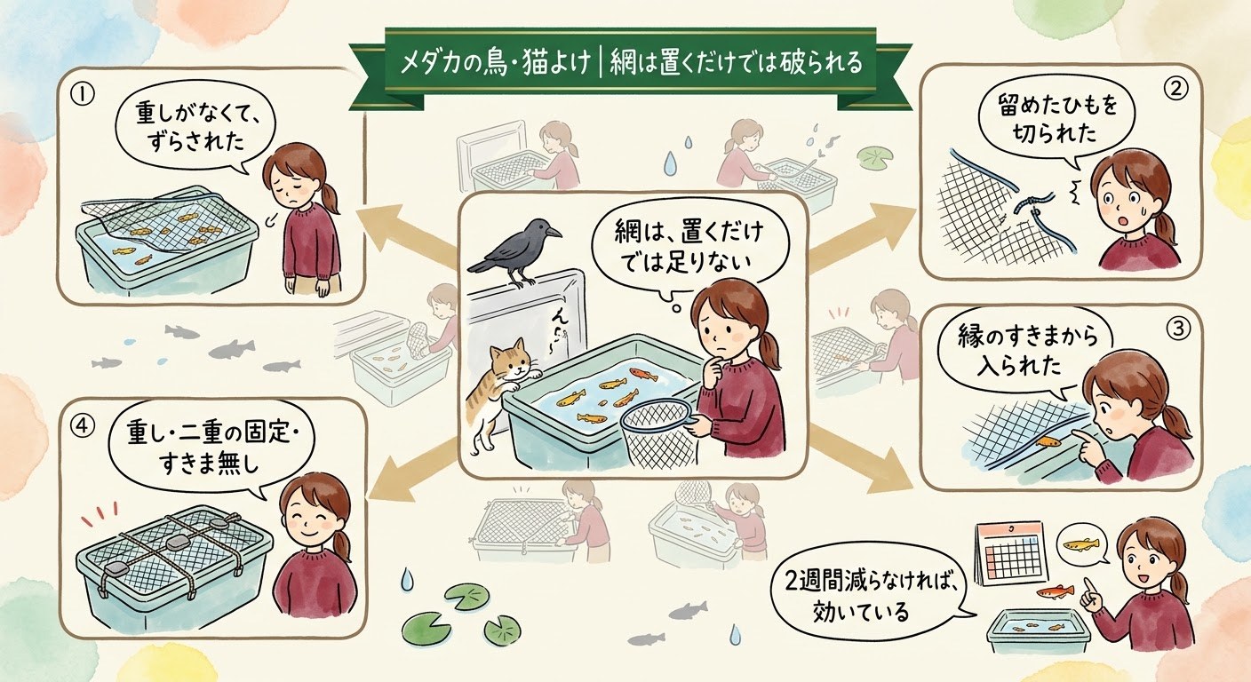メダカの鳥・猫よけで、網が破られる3つのパターンと、重し・二重の固定・すきま無しで防ぐ流れを場面で整理したグラレコ（グラフィックレコーディング）