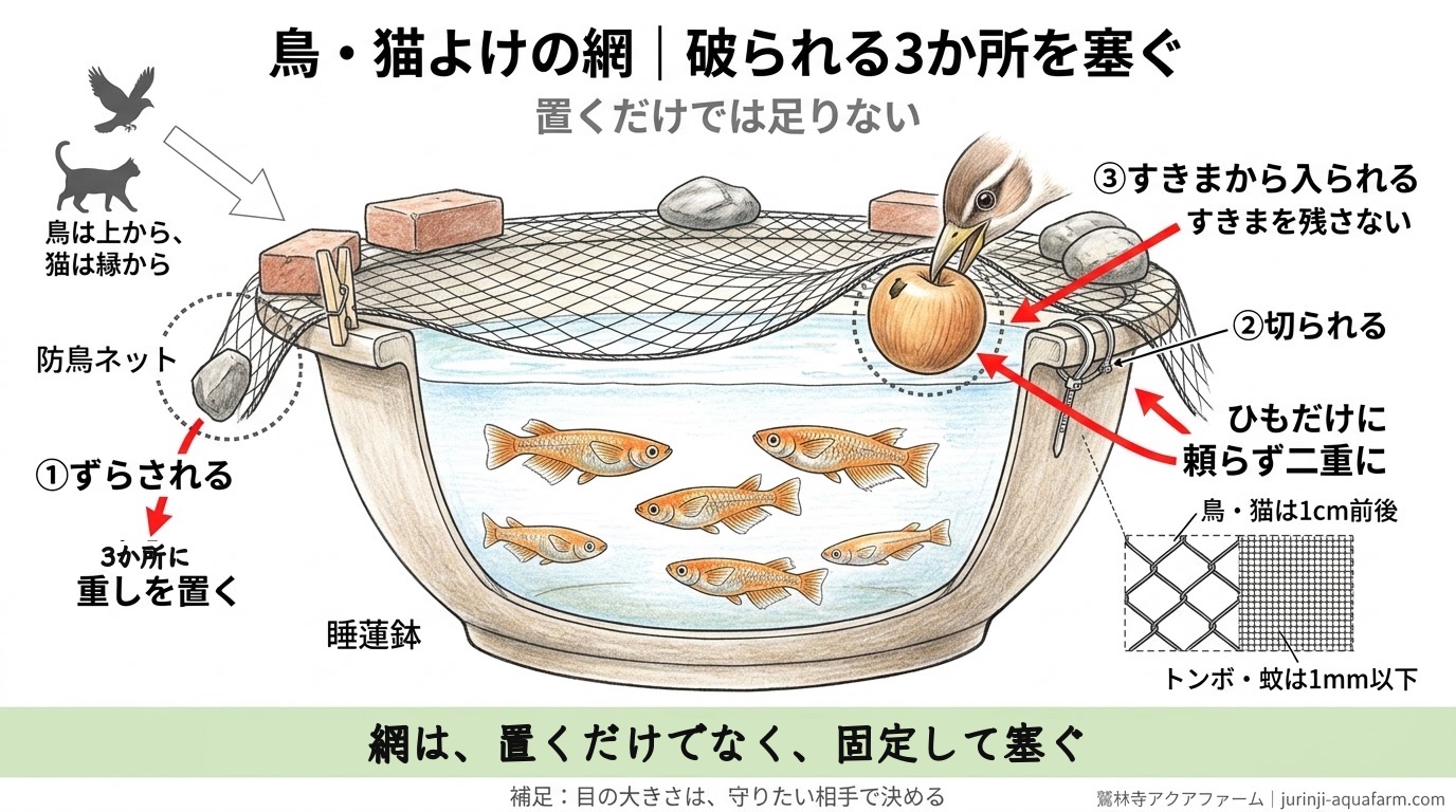 メダカの網が破られる場所を整理した精密図解。ずらされる・切られる・すきまから入られる