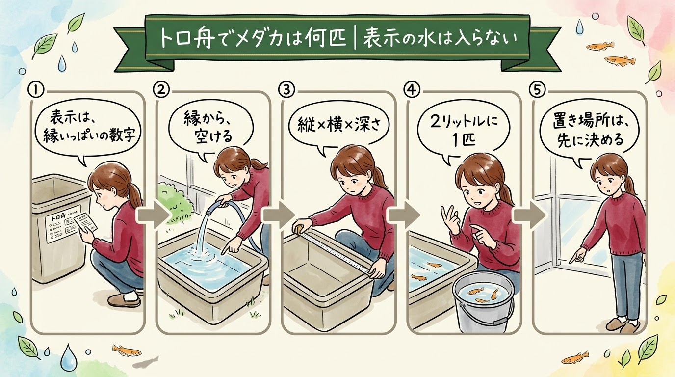 トロ舟のメダカの匹数は、表示は縁いっぱいの数字なので、縁から空けて縦×横×深さで測り、2リットルに1匹で数えることを場面で整理したグラレコ（グラフィックレコーディング）