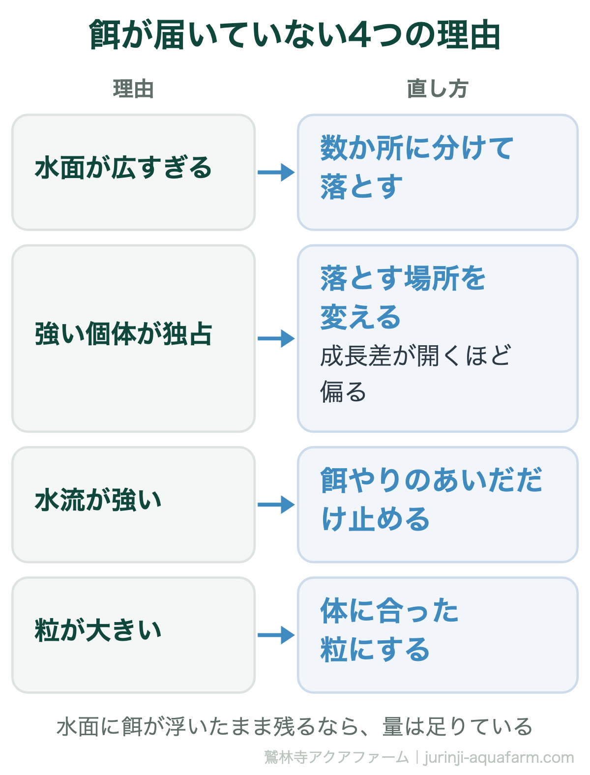 メダカが痩せるのは餌が足りないのではなく届いていないことがある。水面が広すぎるなら数か所に分けて落とす、強い個体が独占するなら落とす場所を変える、水流が強いなら餌やりのあいだだけ止める、粒が大きいなら体に合った粒にする