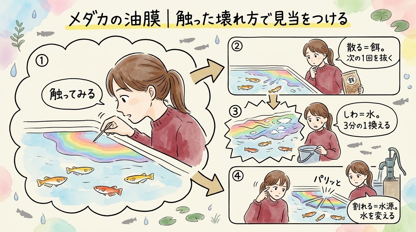 メダカの油膜は触った壊れ方（散る・しわ・割れる）で原因の見当をつけることを場面で整理したグラレコ（グラフィックレコーディング）