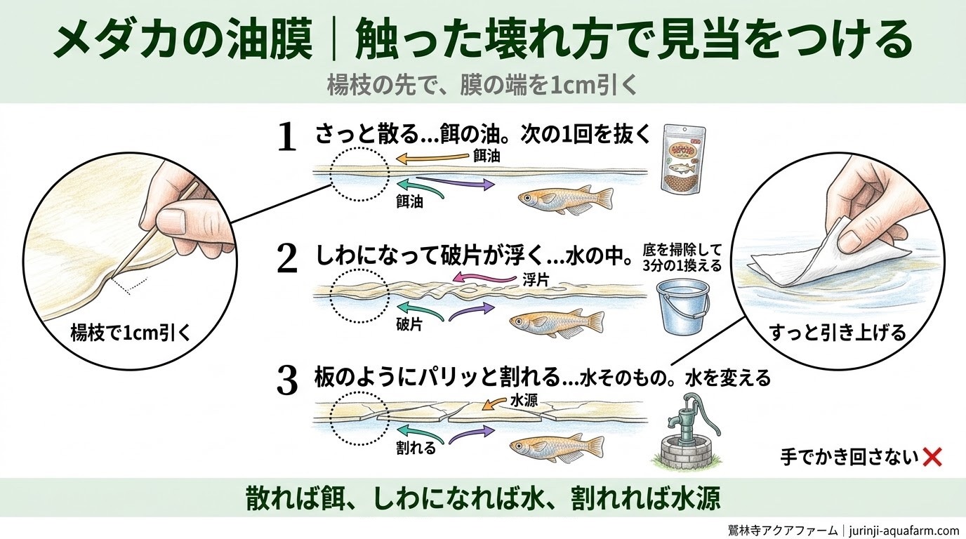メダカの油膜が、さっと散る・しわになる・パリッと割れるのどれかで原因の見当をつける精密図解