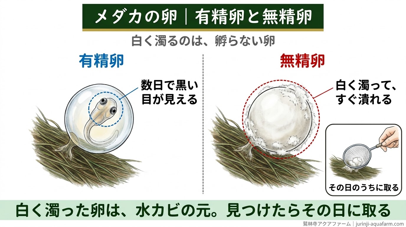 数日で黒い目が見える有精卵と、白く濁ってすぐ潰れる無精卵を比べ、無精卵はその日のうちに取ることを示した精密図解