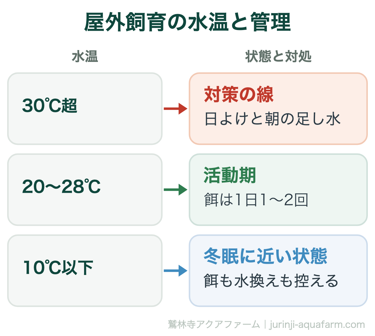 NVボックスでメダカを屋外飼育するときの水温と管理。30℃超は対策の線ですだれと朝の足し水、20〜28℃は活動期で餌は1日1〜2回、10℃以下は冬眠に近い状態で餌も水換えもしない