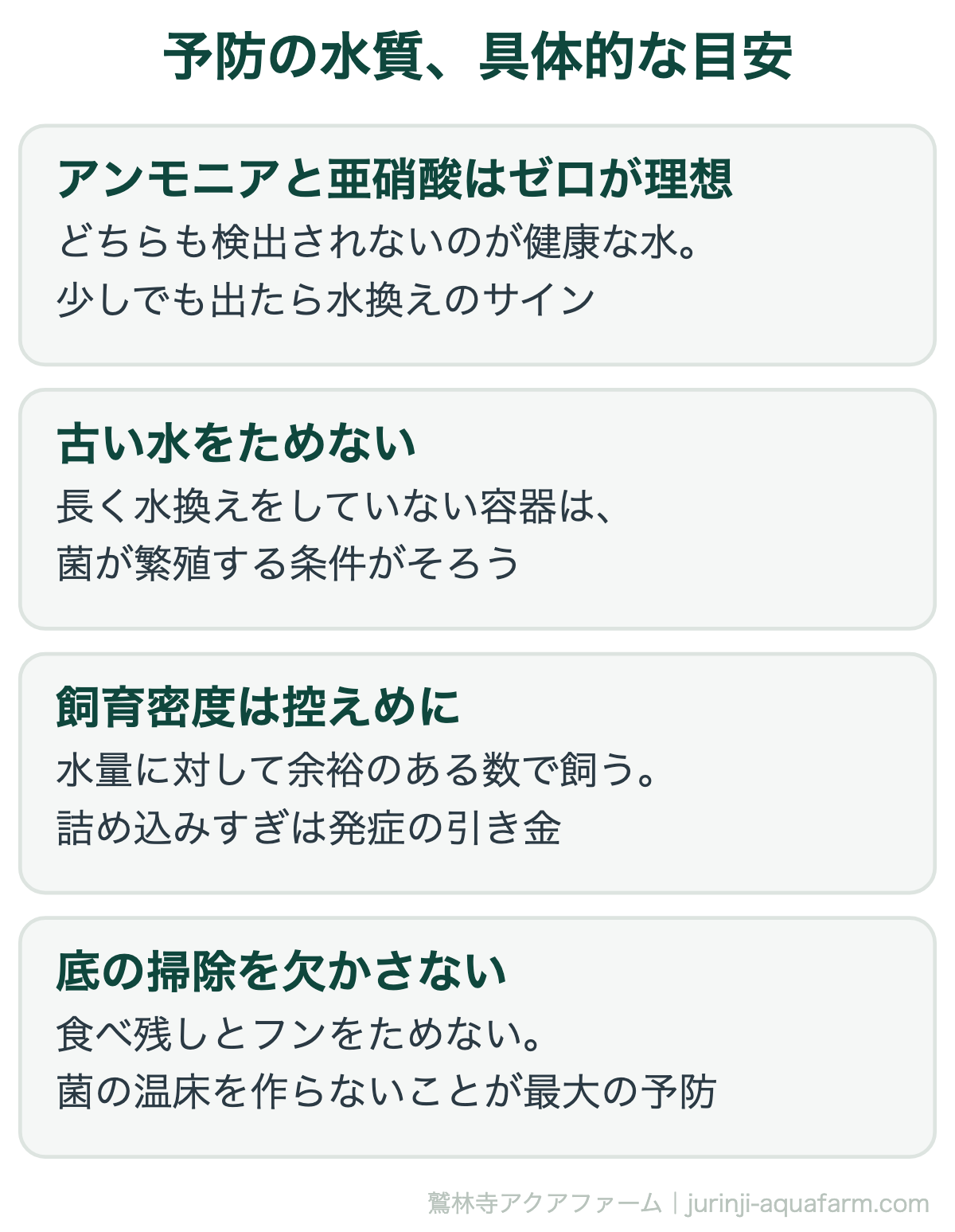 尾ぐされ病を防ぐ水質の目安。アンモニアと亜硝酸はゼロが理想、古い水をためない、水量に余裕のある数で飼う、底の食べ残しとフンをためない