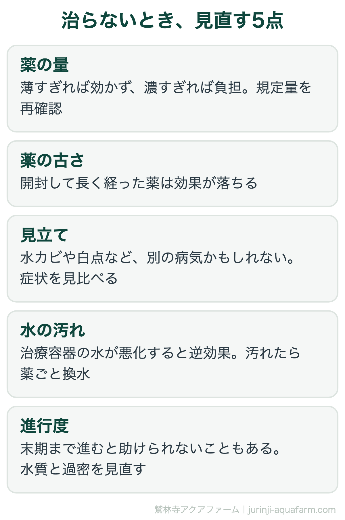 尾ぐされ病が治らない、悪化するときに見直す5点。薬の量、薬の古さ、見立て、水の汚れ、進行度