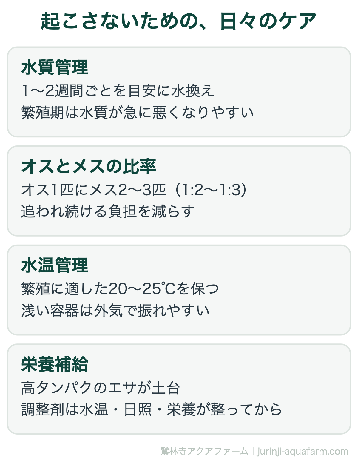 メダカの過抱卵を起こさないための日々のケア。水質管理、オス1にメス2〜3の比率、水温。産卵のきっかけは水温・日照・栄養の3つで、順序を間違えないことが予防になる