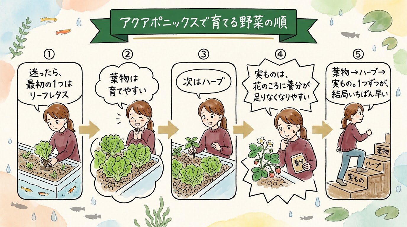 アクアポニックスで育てる野菜の順番を、リーフレタスからいちごまでの場面で整理したグラレコ（グラフィックレコーディング）