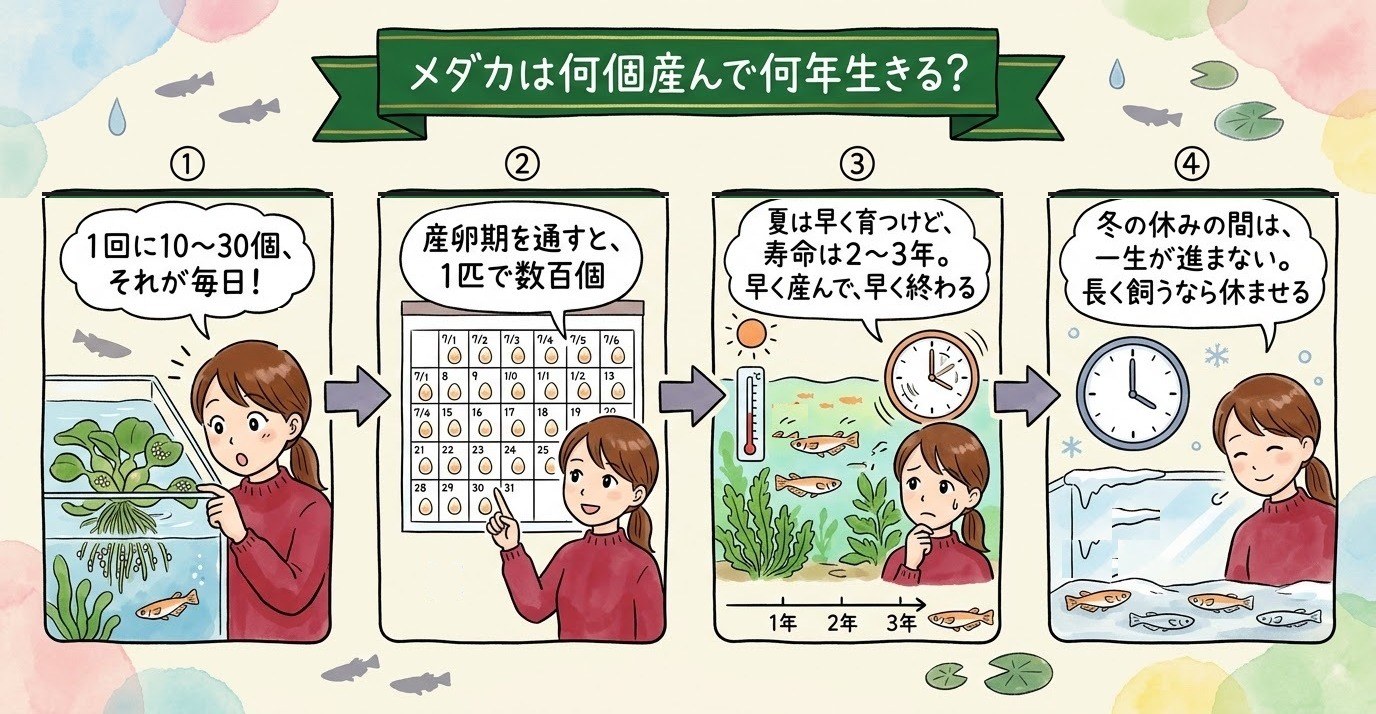 メダカが一度に産む卵の数と寿命、冬の休みの意味を場面で整理したグラレコ（グラフィックレコーディング）