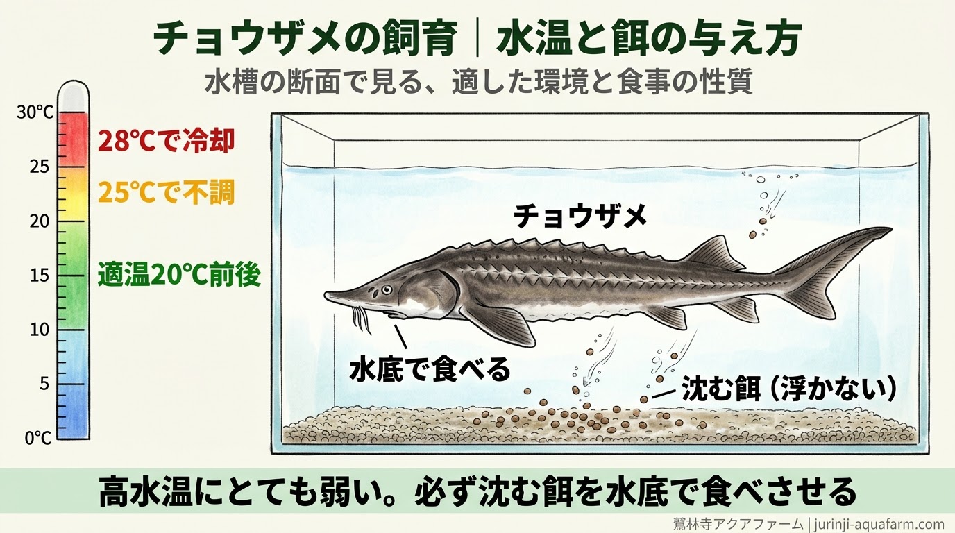 チョウザメ飼育の水温と餌を示した精密図解。適温は20℃前後、25℃で不調、28℃を超えたら冷却が要り、餌は水底で食べるので沈む餌を使う