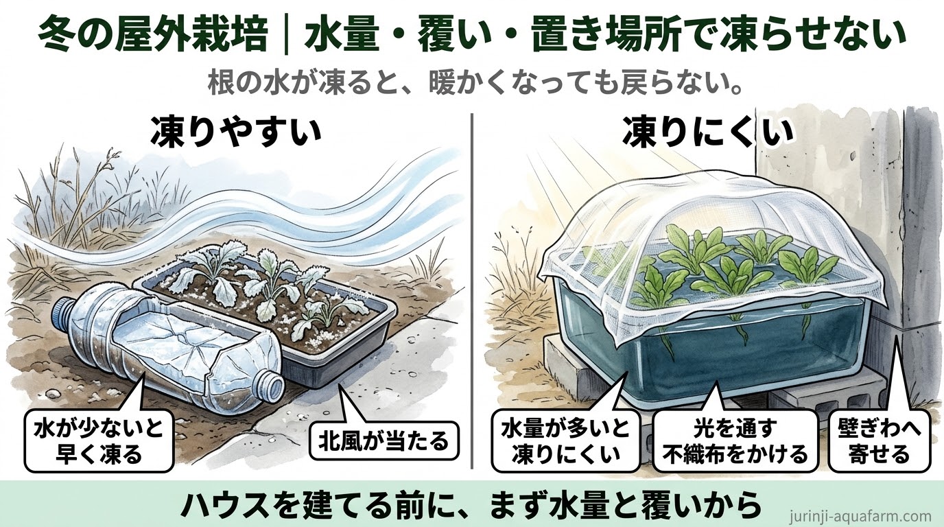 冬の屋外栽培で凍らせない工夫の精密図。水が少ないと早く凍り、北風が当たる場所は冷える。水量が多いと凍りにくく、光を通す不織布をかけ、壁ぎわへ寄せる