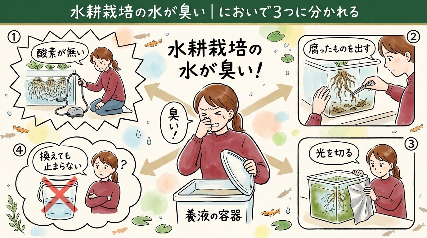 水耕栽培の水が臭いとき、においの種類で原因が3つに分かれることを場面で整理したグラレコ(グラフィックレコーディング)