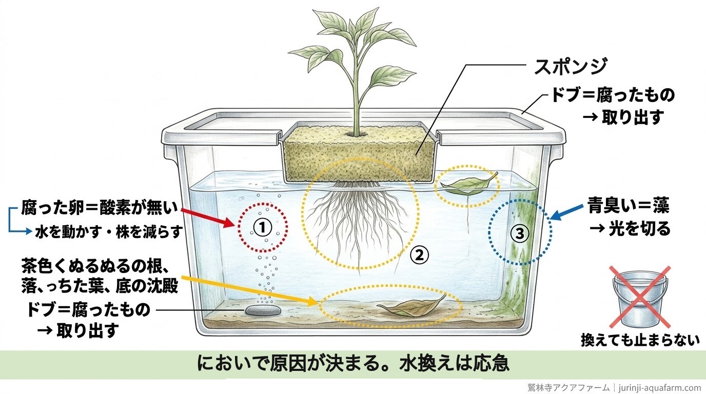 水耕栽培の水が臭いとき、においの種類(腐った卵・ドブ・青臭い)で原因を分ける精密図解