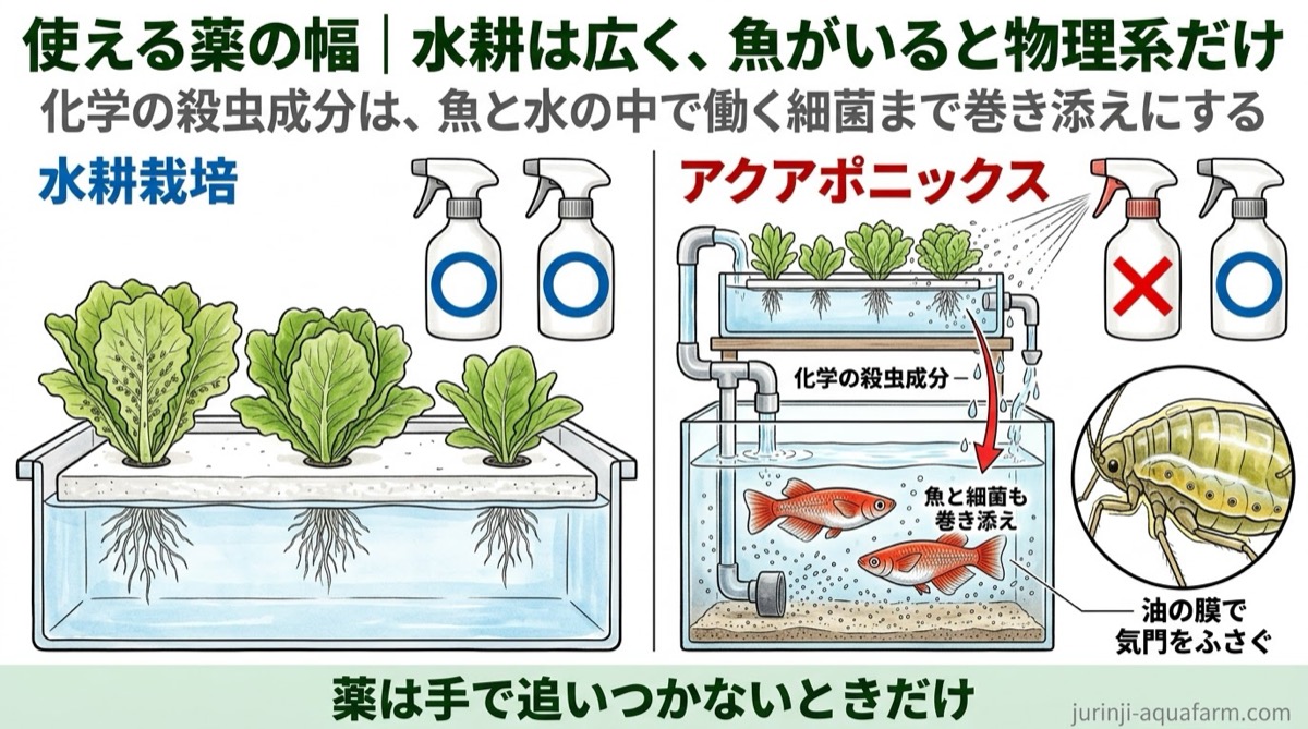 水耕栽培とアクアポニックスで使える虫の薬の幅を比べた精密図解。水耕栽培は化学の殺虫剤も油の膜で効くものも使えるが、アクアポニックスでは化学の殺虫成分が水に落ちて魚と細菌を巻き添えにするため、気門を油の膜でふさぐ物理系だけ