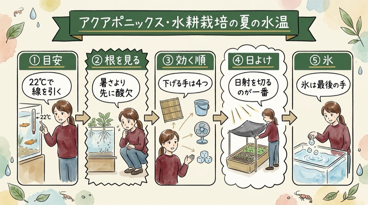 アクアポニックス・水耕栽培の夏の水温を場面で整理したグラレコ(グラフィックレコーディング)。22℃で線を引き、暑さより先に酸欠を疑う。下げる手は効く順に4つで、日射を切るのが一番、氷は最後の手