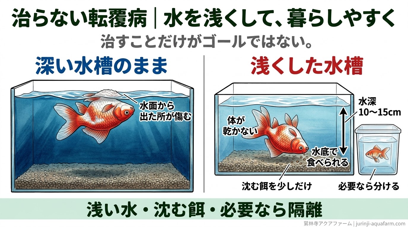 治らない転覆病の金魚の暮らし方の精密図。深い水槽では水面から出た所が乾いて傷む。水深10〜15cmに浅くすると体が乾かず、沈む餌を少しだけ与えて水底で食べられる。必要なら別の容器に分ける